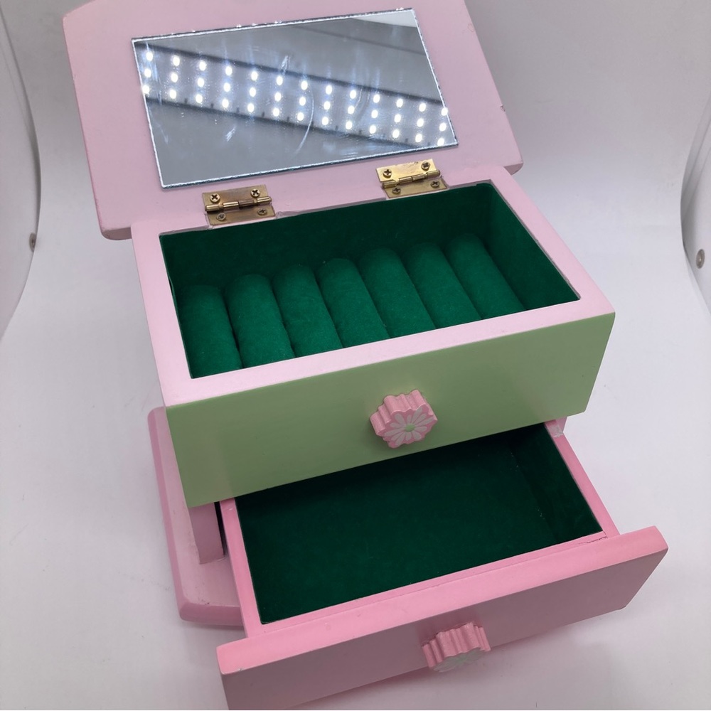 Girl’s 2 Drawer Jewelry Box Garden Floral Theme Pink Green Spring Design